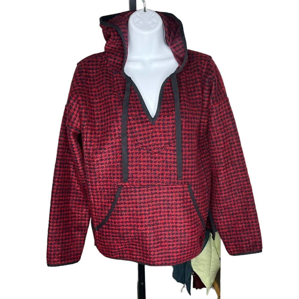 MADEWELL Red Black Brushed Houndstooth Hoodie XS Pocket Oversized - Picture 3 of 9